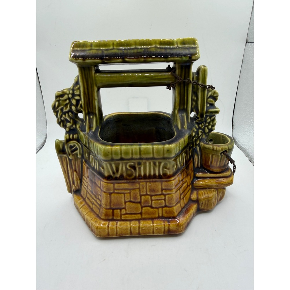 Vintage McCoy Pottery Wishing Well Planter Green Brown Drip Glaze USA Made